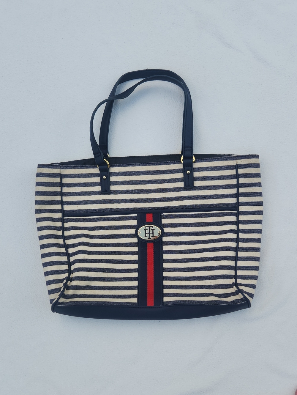 ​Tommy Hilfiger Striped Canvas Tote Bag Navy Blue & Cream with Red Accent